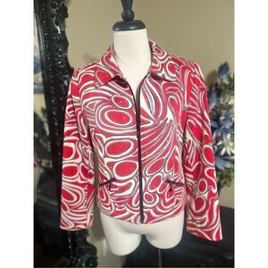Lorizoni Retro Mod Jacket Women’s XS Red White Swirl Print Rhinestone Zip Blazer